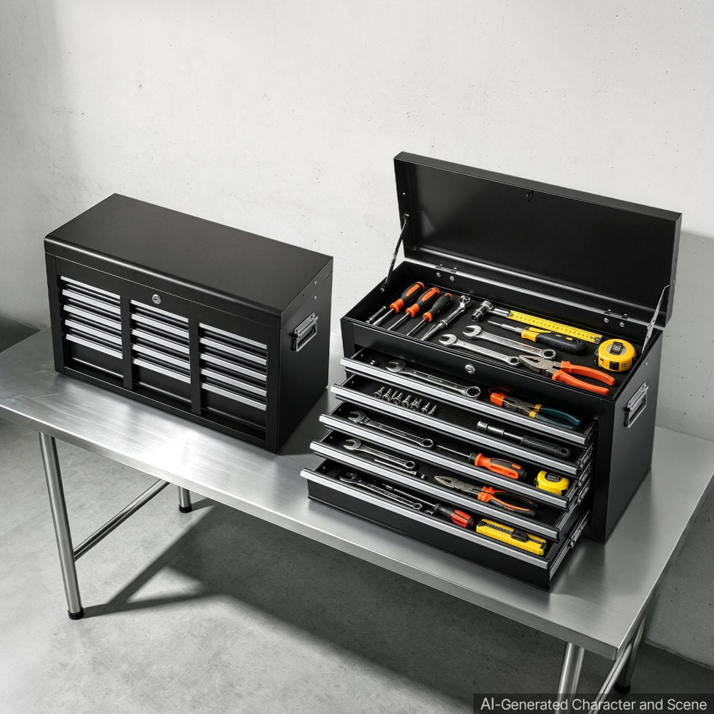 VEVOR Steel Tool Box 24" with 5 Drawers Portable Lockable Metal Toolbox, for Garage Workshop Repair Shop, Ball Bearing Drawer Slides, Auto-Locking Tool Storage Cabinet Organizer, with Handle, Black
