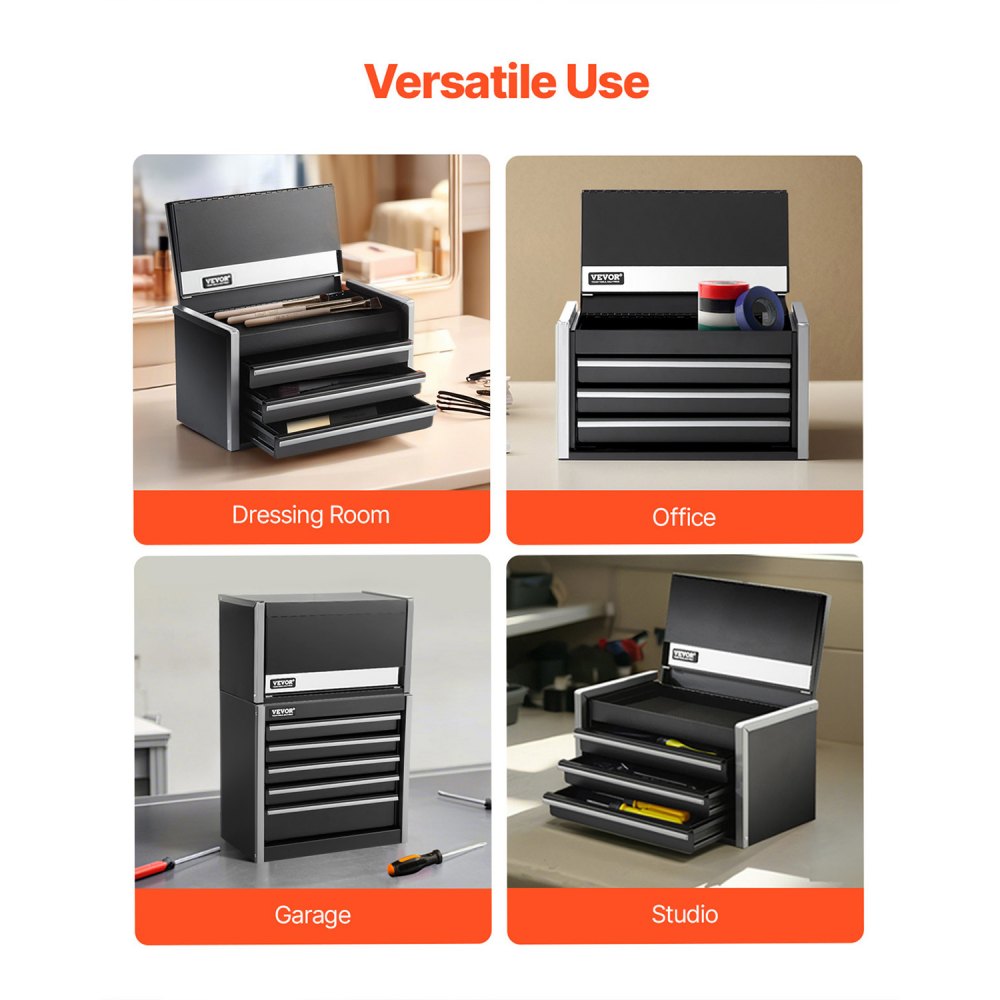 VEVOR Metal Tool Box, 8.6-inch, Portable Metal Tool Box with 3 Drawers, Small Tool Chest with EVA Liners and PP Feet Pads, Heavy-Duty Steel With Ball Bearing Opening and Powder Coated Finish, Black