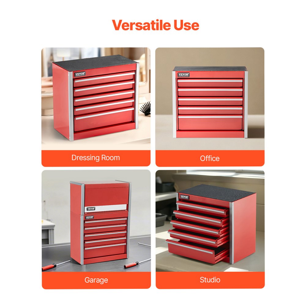 VEVOR Metal Tool Box, 8.6-inch, Portable Metal Tool Box with 5 Drawers, Small Tool Chest with EVA Liners and PP Feet Pads, Heavy-Duty Steel With Ball Bearing Opening and Powder Coated Finish, Red