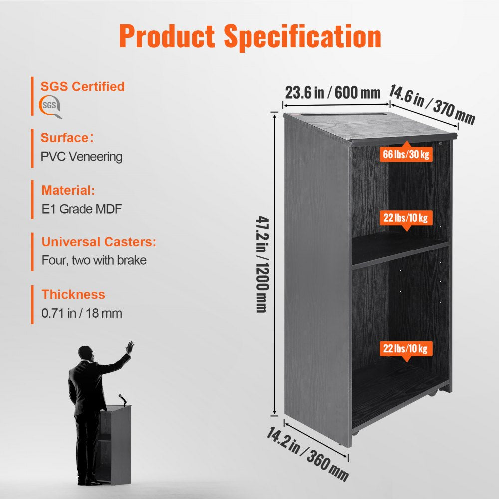 VEVOR Podium Stand, 47 in Hostess Stand with 4 Rolling Wheels, Wood Podium with Storage Shelves, and Slant Desktop, Lecterns & Podiums for Church, Office, School, Home, Black