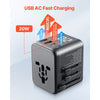 VEVOR Universal Travel Adapter, 5-in-1, International European Power Adapter with 2 USB-C, 2 USB-A Ports, 1 AC Outlet, 4 Different Plugs, Worldwide Plug Adaptor Wall Charger, for Europe UK EU AUS USA