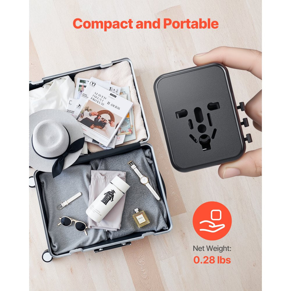 VEVOR Universal Travel Adapter, 5-in-1, International European Power Adapter with 2 USB-C, 2 USB-A Ports, 1 AC Outlet, 4 Different Plugs, Worldwide Plug Adaptor Wall Charger, for Europe UK EU AUS USA