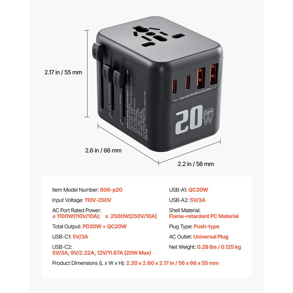 VEVOR Universal Travel Adapter, 5-in-1, International European Power Adapter with 2 USB-C, 2 USB-A Ports, 1 AC Outlet, 4 Different Plugs, Worldwide Plug Adaptor Wall Charger, for Europe UK EU AUS USA