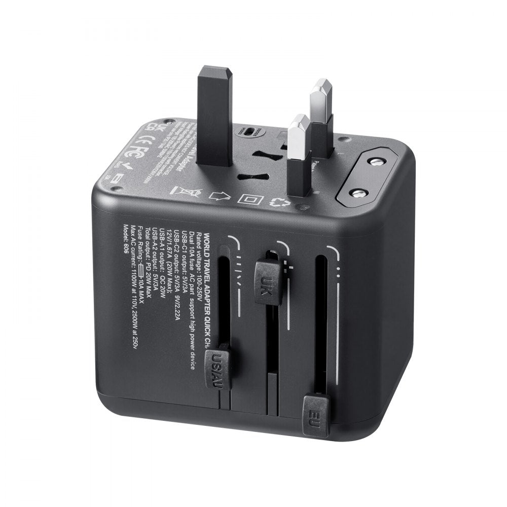 VEVOR Universal Travel Adapter, 5-in-1, International European Power Adapter with 2 USB-C, 2 USB-A Ports, 1 AC Outlet, 4 Different Plugs, Worldwide Plug Adaptor Wall Charger, for Europe UK EU AUS USA