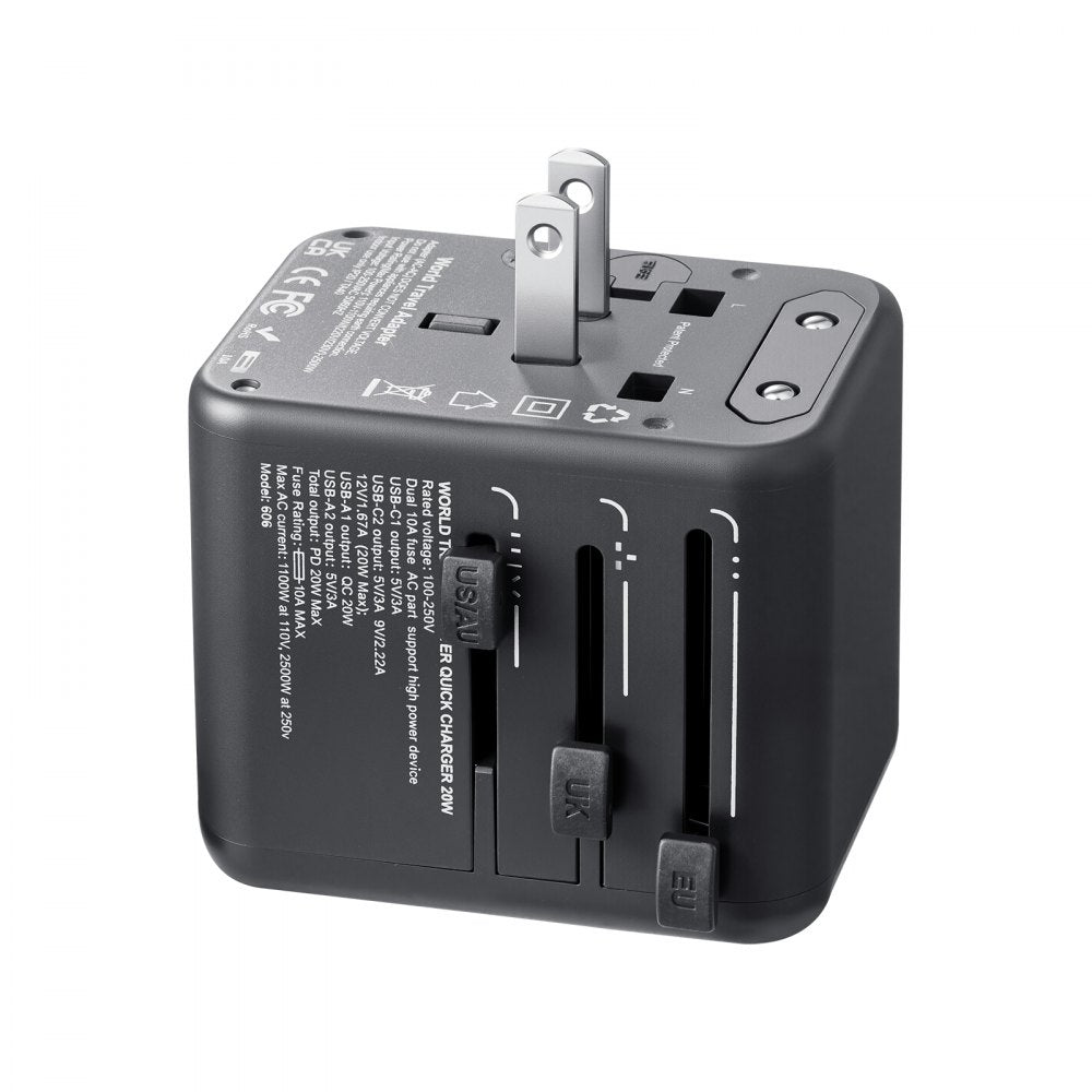 VEVOR Universal Travel Adapter, 5-in-1, International European Power Adapter with 2 USB-C, 2 USB-A Ports, 1 AC Outlet, 4 Different Plugs, Worldwide Plug Adaptor Wall Charger, for Europe UK EU AUS USA