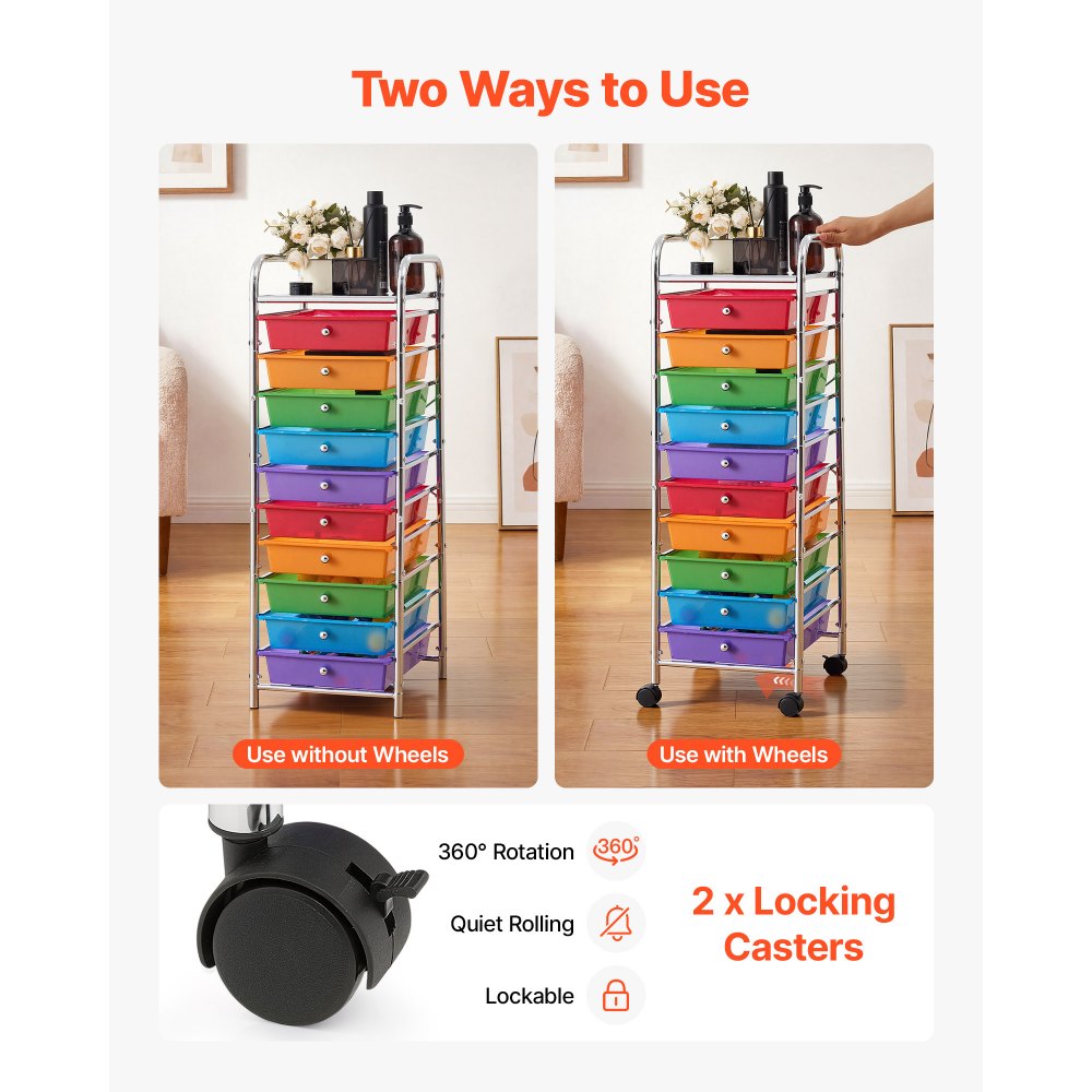 VEVOR Rolling Cart with Drawers, 10 Drawer Storage Organizer, Mobile Utility Cart with Steel Frame, Universal Casters & 2 Brakes, Great for Office, Classroom, Craft Tools, Garage, Studio, Rainbow