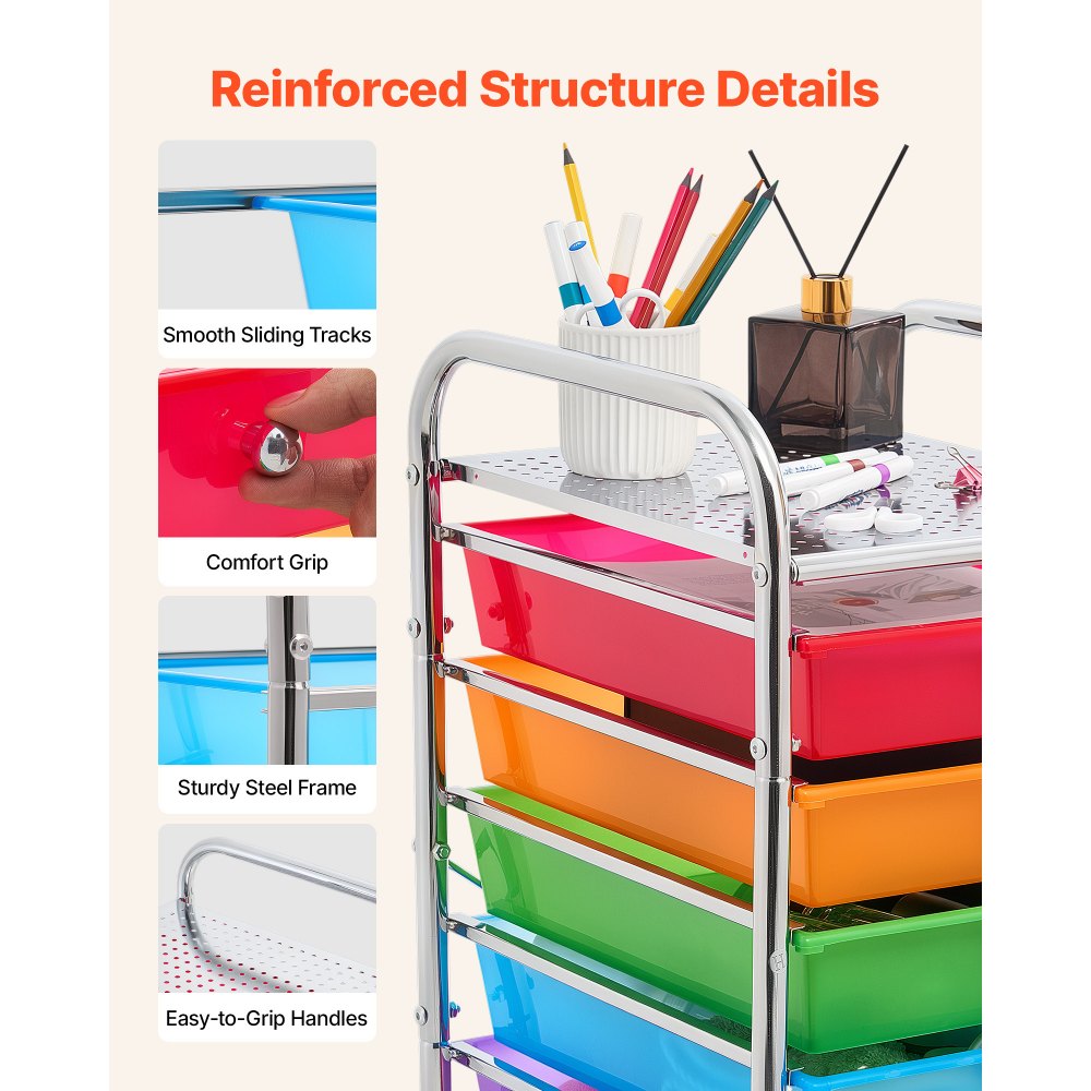 VEVOR Rolling Cart with Drawers, 10 Drawer Storage Organizer, Mobile Utility Cart with Steel Frame, Universal Casters & 2 Brakes, Great for Office, Classroom, Craft Tools, Garage, Studio, Rainbow