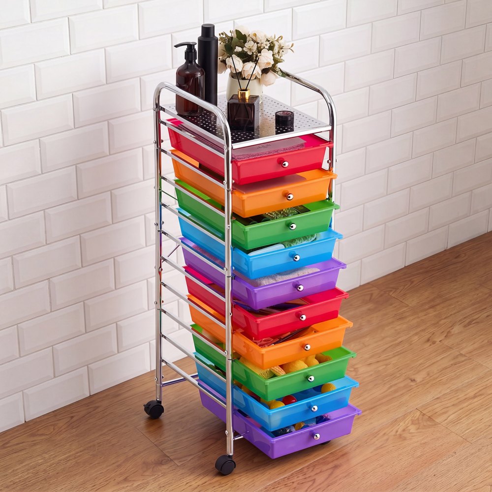 VEVOR Rolling Cart with Drawers, 10 Drawer Storage Organizer, Mobile Utility Cart with Steel Frame, Universal Casters & 2 Brakes, Great for Office, Classroom, Craft Tools, Garage, Studio, Rainbow