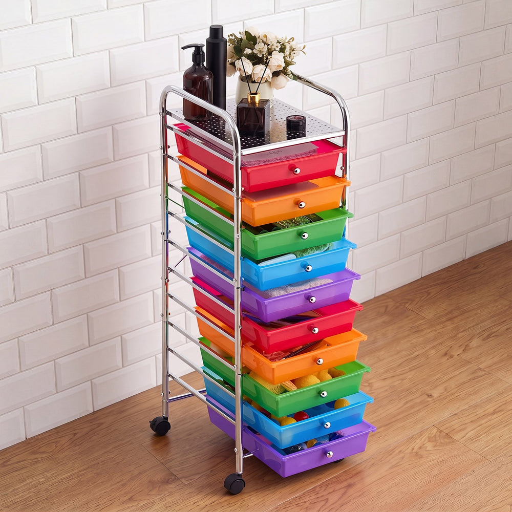 VEVOR Rolling Cart with Drawers, 10 Drawer Storage Organizer, Mobile Utility Cart with Steel Frame, Universal Casters & 2 Brakes, Great for Office, Classroom, Craft Tools, Garage, Studio, Rainbow