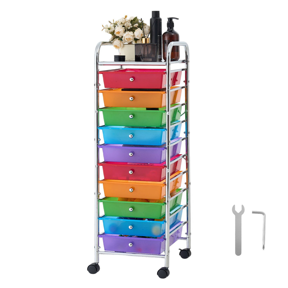 VEVOR Rolling Cart with Drawers, 10 Drawer Storage Organizer, Mobile Utility Cart with Steel Frame, Universal Casters & 2 Brakes, Great for Office, Classroom, Craft Tools, Garage, Studio, Rainbow
