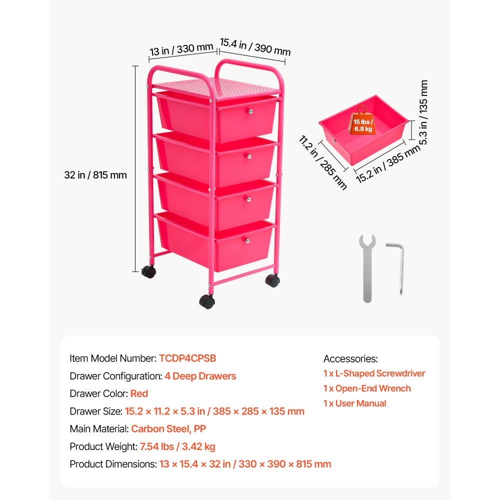 VEVOR Rolling Cart with Drawers, 4 Drawer Storage Organizer, Mobile Utility Cart with Steel Frame, Universal Casters & 2 Brakes, for Office, Classroom, Craft Tools, Garage, Cleaning Supplies, Rose Red