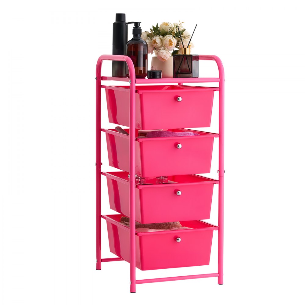VEVOR Rolling Cart with Drawers, 4 Drawer Storage Organizer, Mobile Utility Cart with Steel Frame, Universal Casters & 2 Brakes, for Office, Classroom, Craft Tools, Garage, Cleaning Supplies, Rose Red