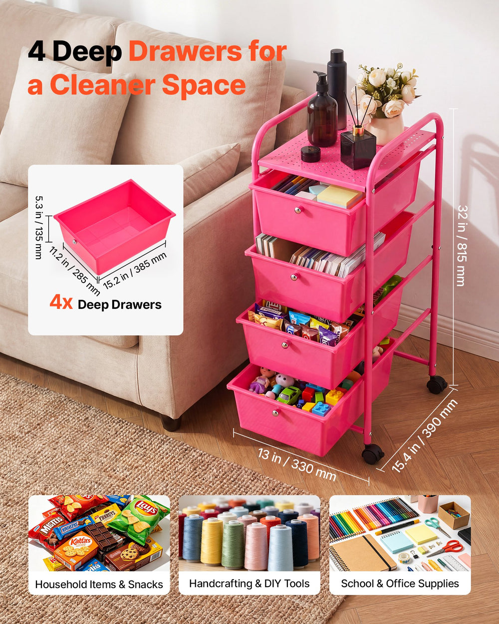VEVOR Rolling Cart with Drawers, 4 Drawer Storage Organizer, Mobile Utility Cart with Steel Frame, Universal Casters & 2 Brakes, for Office, Classroom, Craft Tools, Garage, Cleaning Supplies, Rose Red