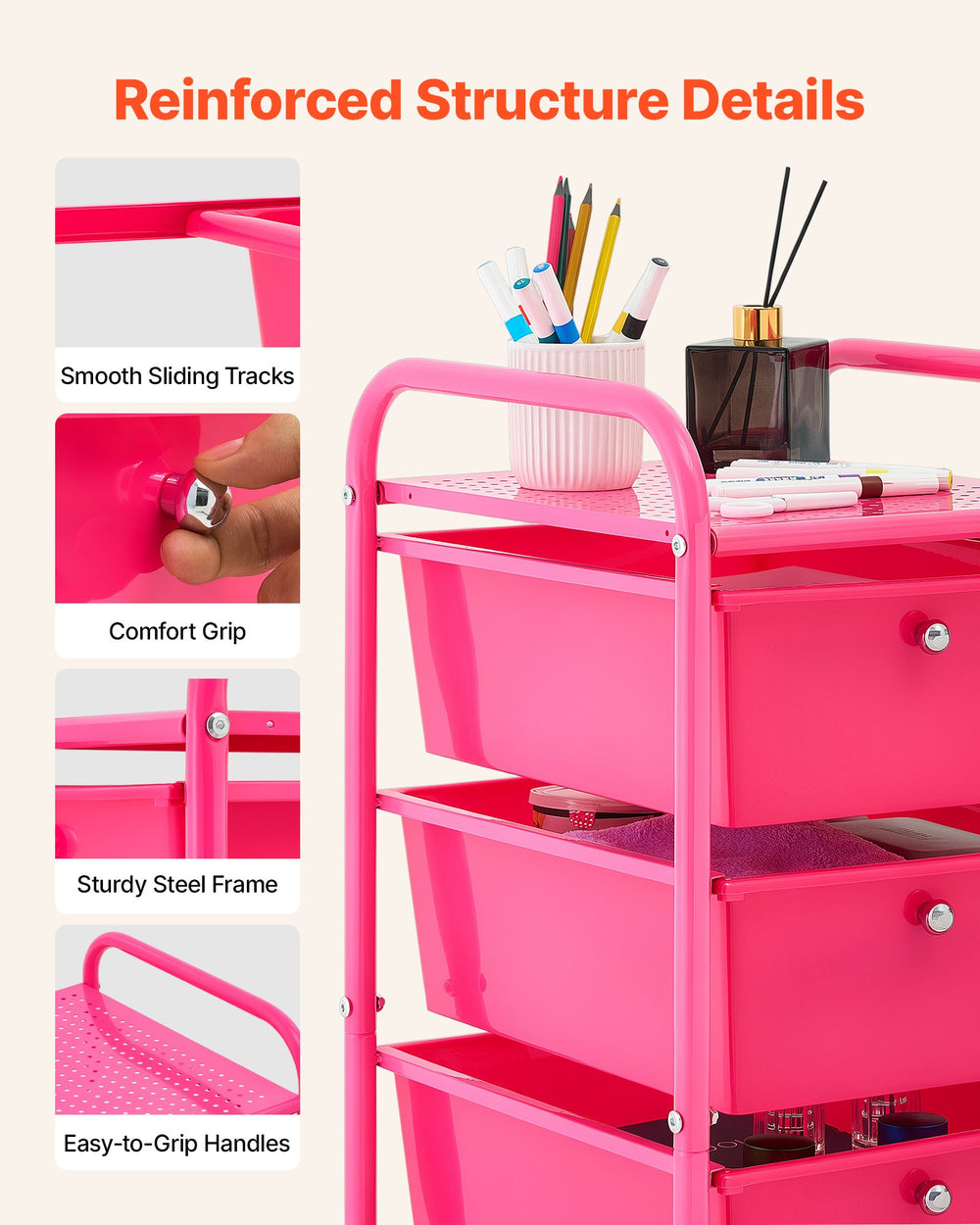 VEVOR Rolling Cart with Drawers, 4 Drawer Storage Organizer, Mobile Utility Cart with Steel Frame, Universal Casters & 2 Brakes, for Office, Classroom, Craft Tools, Garage, Cleaning Supplies, Rose Red