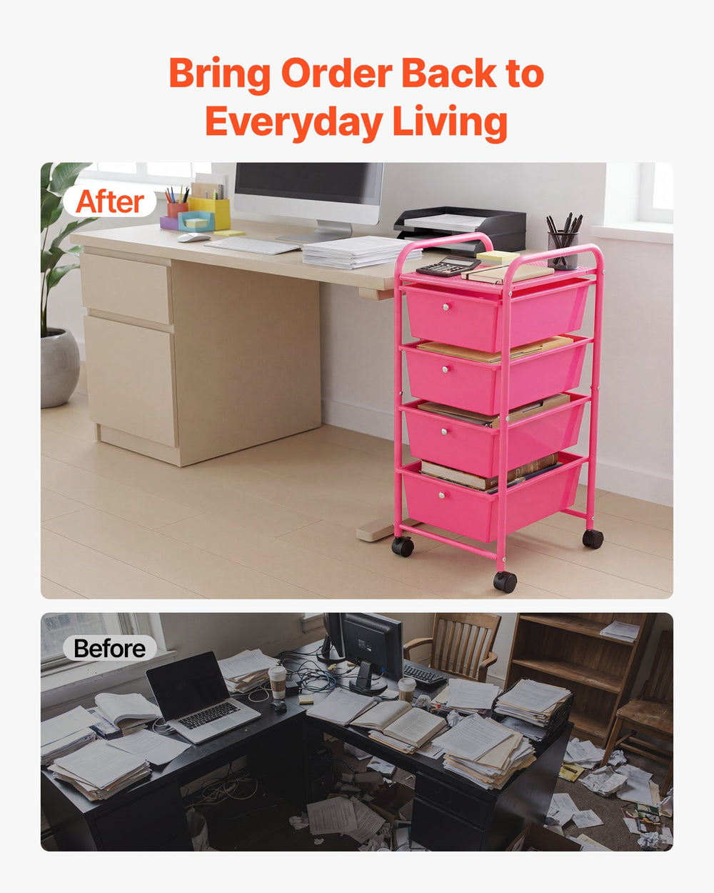 VEVOR Rolling Cart with Drawers, 4 Drawer Storage Organizer, Mobile Utility Cart with Steel Frame, Universal Casters & 2 Brakes, for Office, Classroom, Craft Tools, Garage, Cleaning Supplies, Rose Red