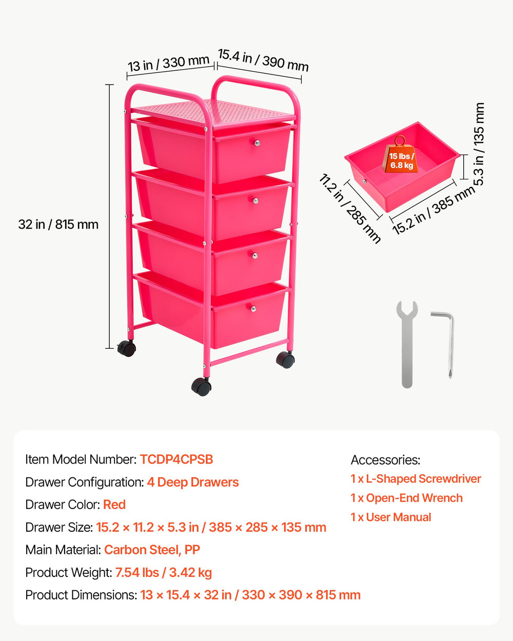 VEVOR Rolling Cart with Drawers, 4 Drawer Storage Organizer, Mobile Utility Cart with Steel Frame, Universal Casters & 2 Brakes, for Office, Classroom, Craft Tools, Garage, Cleaning Supplies, Rose Red