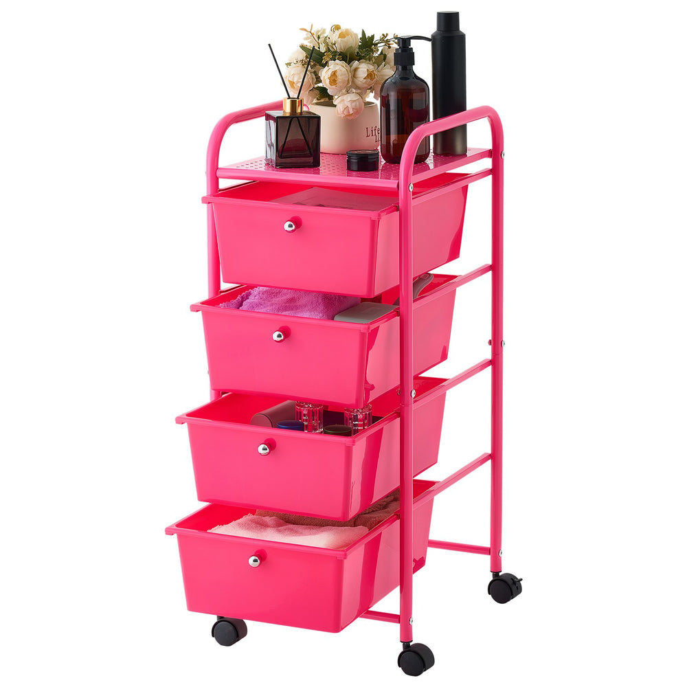 VEVOR Rolling Cart with Drawers, 4 Drawer Storage Organizer, Mobile Utility Cart with Steel Frame, Universal Casters & 2 Brakes, for Office, Classroom, Craft Tools, Garage, Cleaning Supplies, Rose Red
