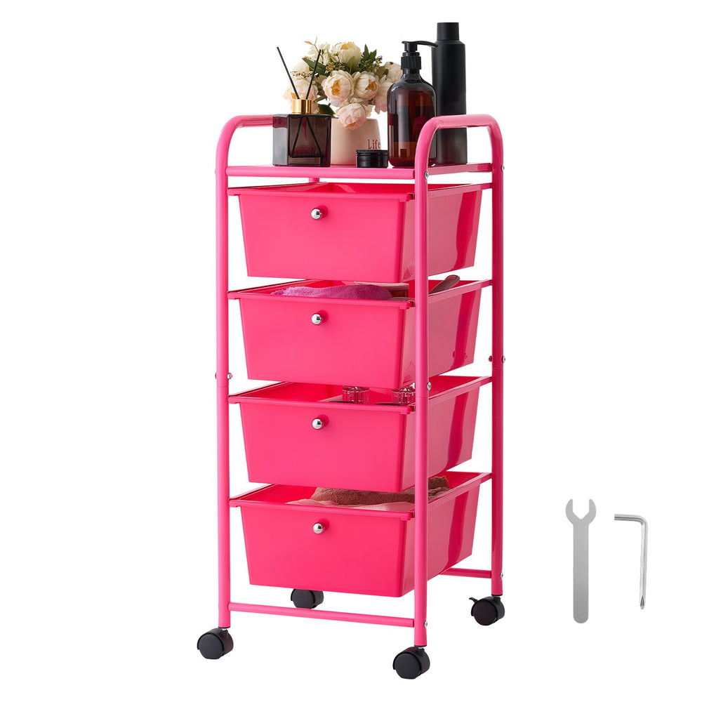 VEVOR Rolling Cart with Drawers, 4 Drawer Storage Organizer, Mobile Utility Cart with Steel Frame, Universal Casters & 2 Brakes, for Office, Classroom, Craft Tools, Garage, Cleaning Supplies, Rose Red