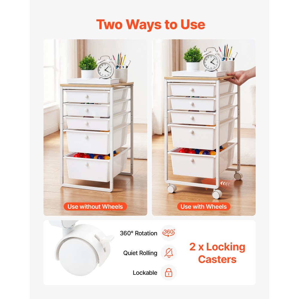 VEVOR Rolling Cart with Drawers, 5 Drawer Storage Organizer, Mobile Utility Cart with Wood Top, Steel Frame, Universal Casters & 2 Brakes, for Office, Classroom, Craft Supplies, Bedroom, Makeup, White