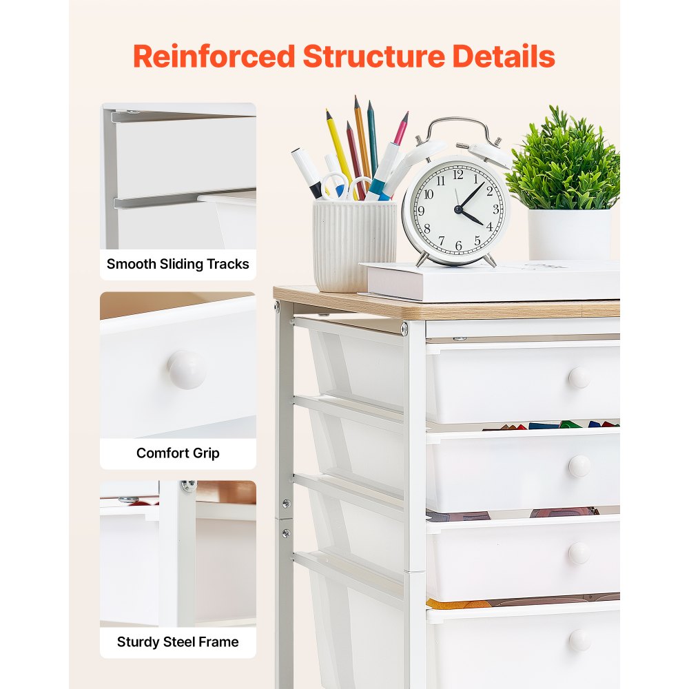VEVOR Rolling Cart with Drawers, 5 Drawer Storage Organizer, Mobile Utility Cart with Wood Top, Steel Frame, Universal Casters & 2 Brakes, for Office, Classroom, Craft Supplies, Bedroom, Makeup, White