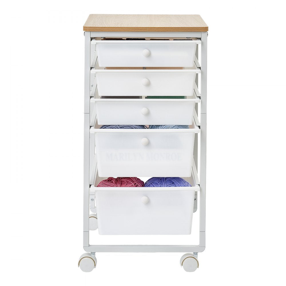VEVOR Rolling Cart with Drawers, 5 Drawer Storage Organizer, Mobile Utility Cart with Wood Top, Steel Frame, Universal Casters & 2 Brakes, for Office, Classroom, Craft Supplies, Bedroom, Makeup, White