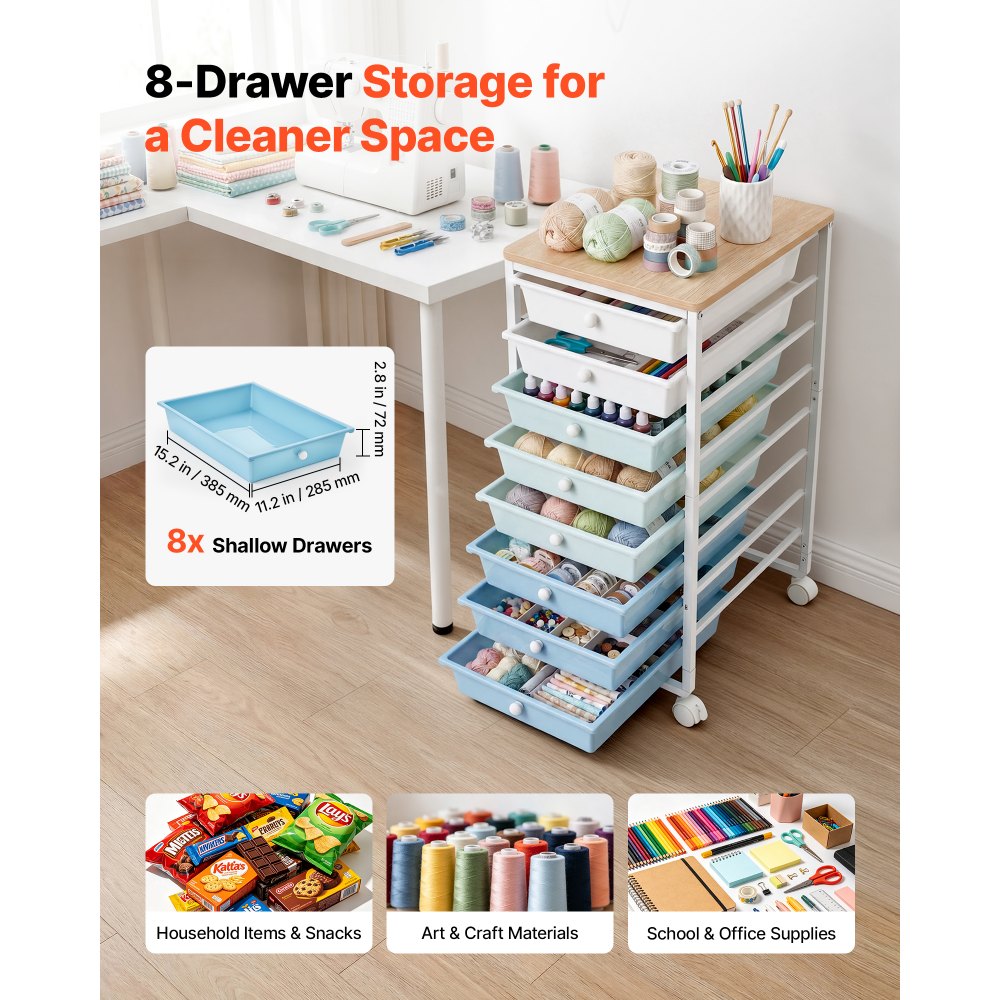 VEVOR Rolling Cart with Drawers, 8 Drawer Storage Organizer, Mobile Utility Cart with Wood Top, Steel Frame, Universal Casters & 2 Brakes, for Office, Classroom, Craft Supplies, Bedroom, Green Blue
