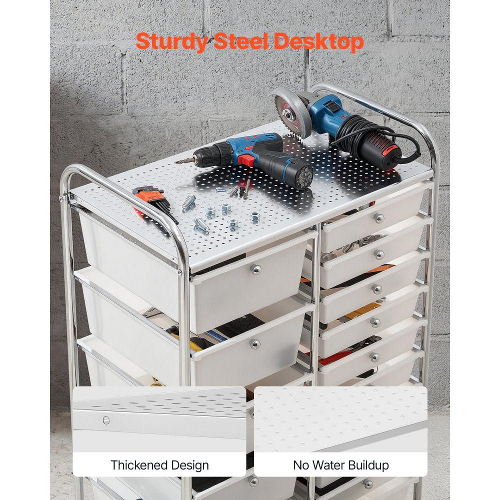 VEVOR Rolling Cart with Drawers, Double Row 15 Drawer Storage Organizer, Mobile Utility Cart with Chrome Steel Frame, Universal Casters & 2 Brakes, for Office, Classroom, Craft Room, Studio, Garage