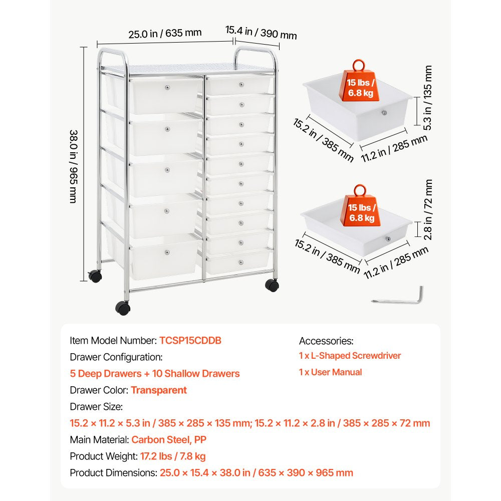 VEVOR Rolling Cart with Drawers, Double Row 15 Drawer Storage Organizer, Mobile Utility Cart with Chrome Steel Frame, Universal Casters & 2 Brakes, for Office, Classroom, Craft Room, Studio, Garage