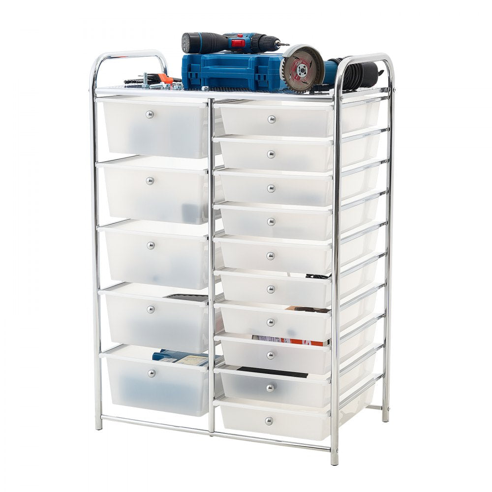 VEVOR Rolling Cart with Drawers, Double Row 15 Drawer Storage Organizer, Mobile Utility Cart with Chrome Steel Frame, Universal Casters & 2 Brakes, for Office, Classroom, Craft Room, Studio, Garage