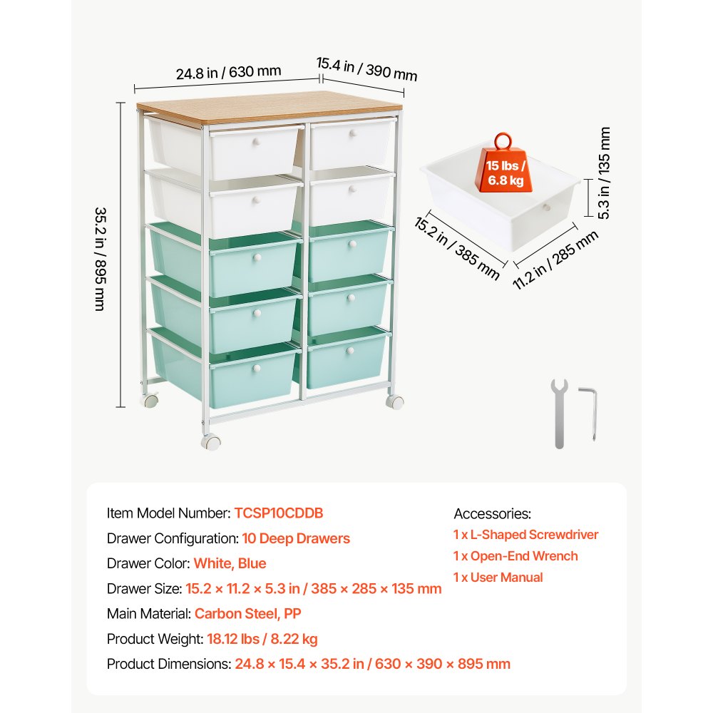 VEVOR Rolling Cart with Drawers, Double Row 10 Drawer Storage Organizer, Mobile Utility Cart, Wood Top, Steel Frame, Universal Casters & 2 Brakes, for Office, Classroom, Craft Room, Studio, Blue White