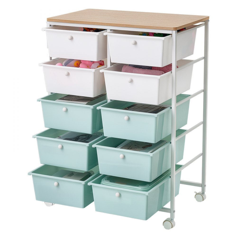 VEVOR Rolling Cart with Drawers, Double Row 10 Drawer Storage Organizer, Mobile Utility Cart, Wood Top, Steel Frame, Universal Casters & 2 Brakes, for Office, Classroom, Craft Room, Studio, Blue White