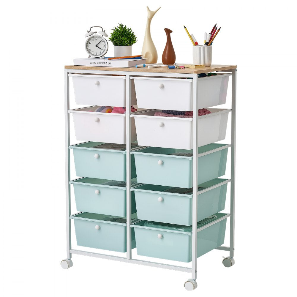 VEVOR Rolling Cart with Drawers, Double Row 10 Drawer Storage Organizer, Mobile Utility Cart, Wood Top, Steel Frame, Universal Casters & 2 Brakes, for Office, Classroom, Craft Room, Studio, Blue White