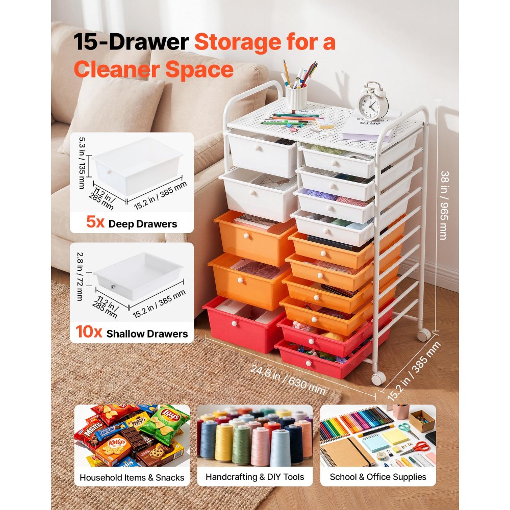 VEVOR Rolling Cart with Drawers, Double Row 15 Drawer Storage Organizer, Mobile Utility Cart, Steel Frame, Universal Casters & 2 Brakes, for Office, Classroom, Craft Room, Studio, Garage, Gradient Red