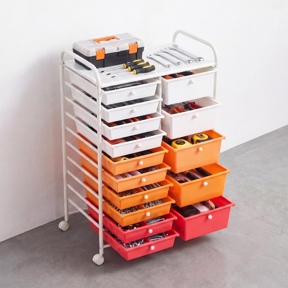 VEVOR Rolling Cart with Drawers, Double Row 15 Drawer Storage Organizer, Mobile Utility Cart, Steel Frame, Universal Casters & 2 Brakes, for Office, Classroom, Craft Room, Studio, Garage, Gradient Red