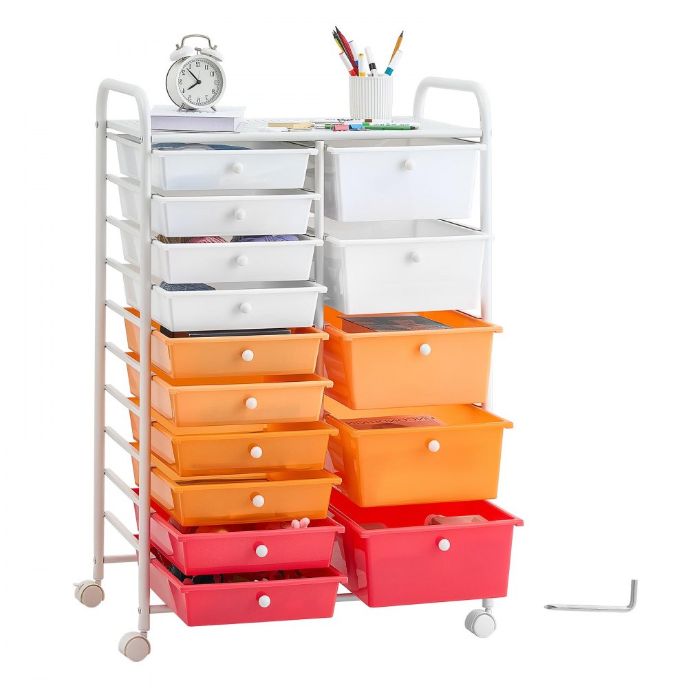 VEVOR Rolling Cart with Drawers, Double Row 15 Drawer Storage Organizer, Mobile Utility Cart, Steel Frame, Universal Casters & 2 Brakes, for Office, Classroom, Craft Room, Studio, Garage, Gradient Red