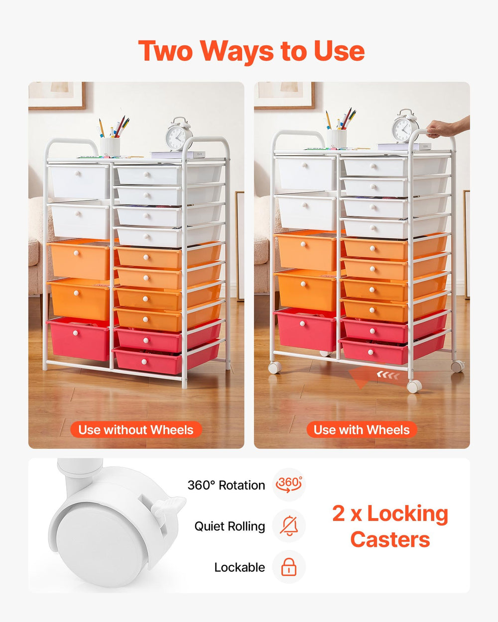 VEVOR Rolling Cart with Drawers, Double Row 15 Drawer Storage Organizer, Mobile Utility Cart, Steel Frame, Universal Casters & 2 Brakes, for Office, Classroom, Craft Room, Studio, Garage, Gradient Red