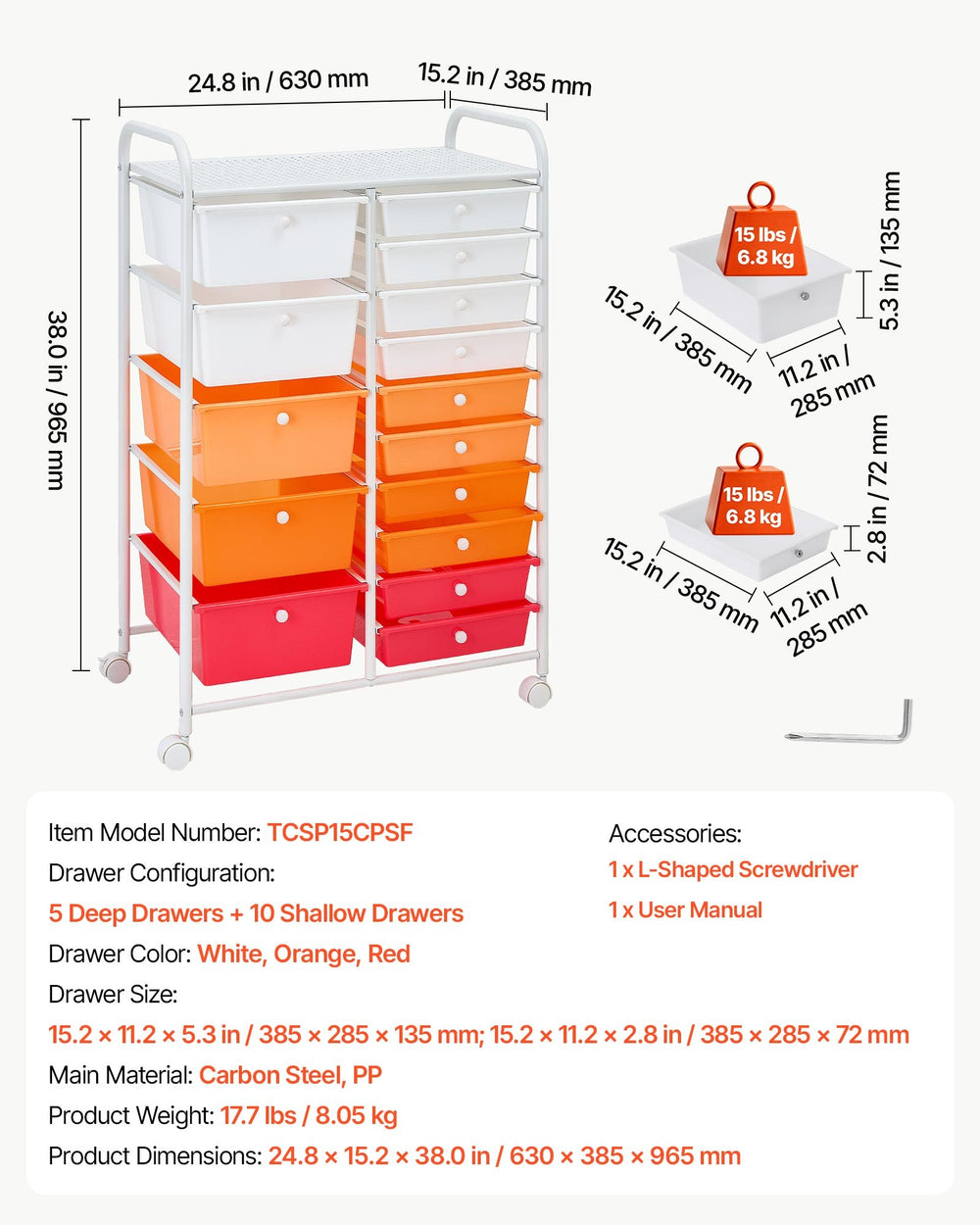 VEVOR Rolling Cart with Drawers, Double Row 15 Drawer Storage Organizer, Mobile Utility Cart, Steel Frame, Universal Casters & 2 Brakes, for Office, Classroom, Craft Room, Studio, Garage, Gradient Red