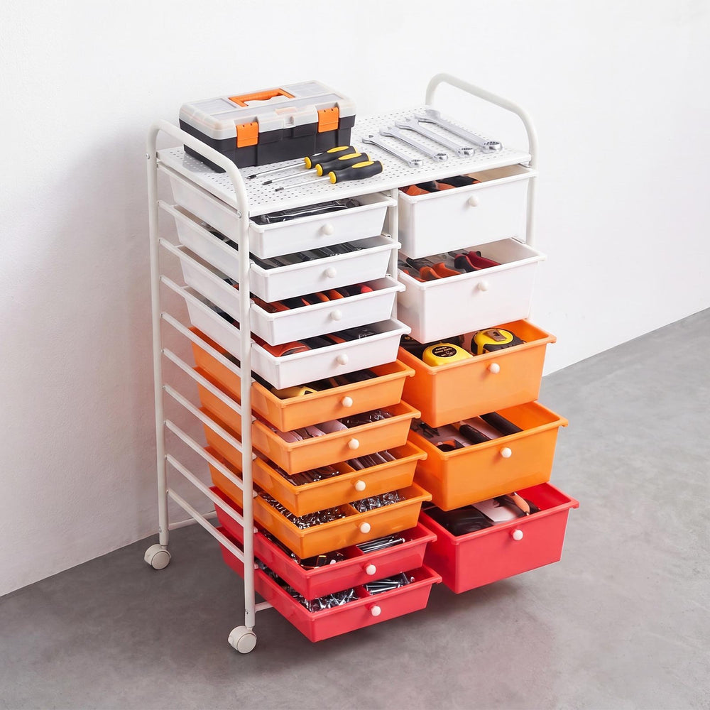 VEVOR Rolling Cart with Drawers, Double Row 15 Drawer Storage Organizer, Mobile Utility Cart, Steel Frame, Universal Casters & 2 Brakes, for Office, Classroom, Craft Room, Studio, Garage, Gradient Red