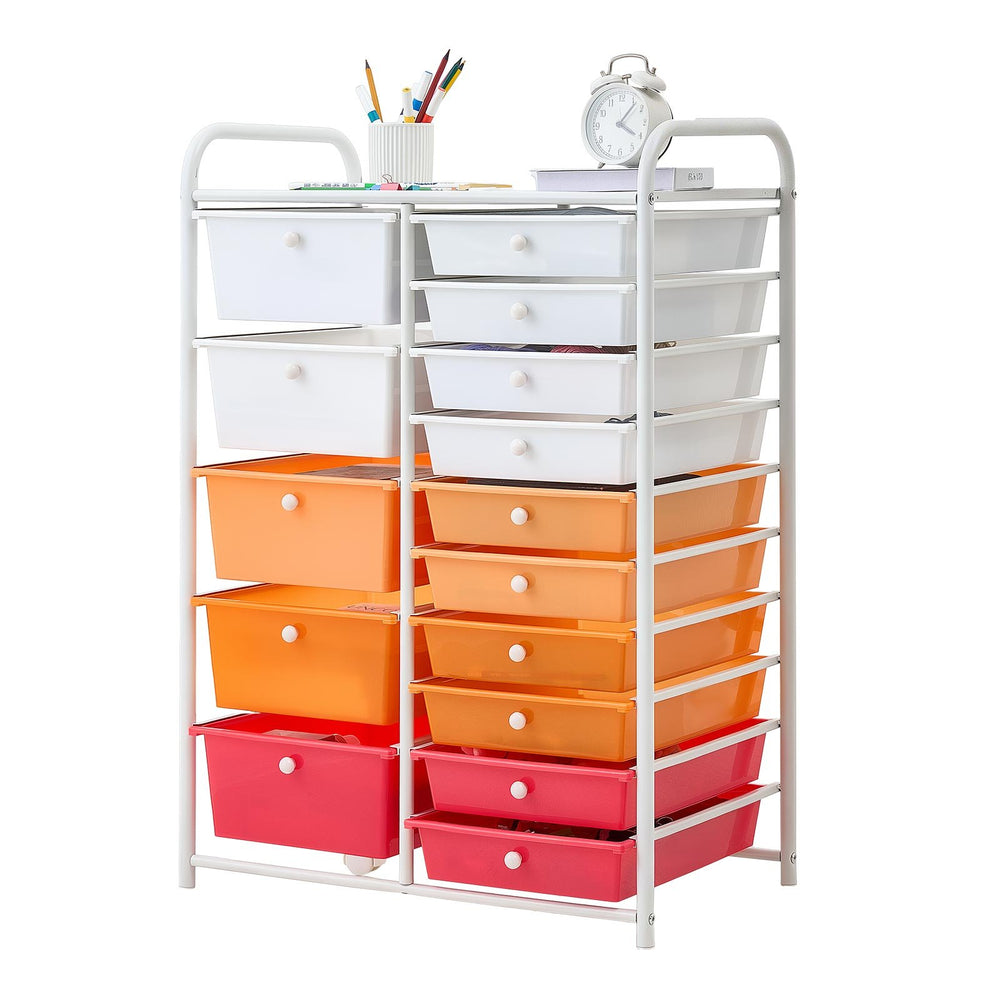 VEVOR Rolling Cart with Drawers, Double Row 15 Drawer Storage Organizer, Mobile Utility Cart, Steel Frame, Universal Casters & 2 Brakes, for Office, Classroom, Craft Room, Studio, Garage, Gradient Red
