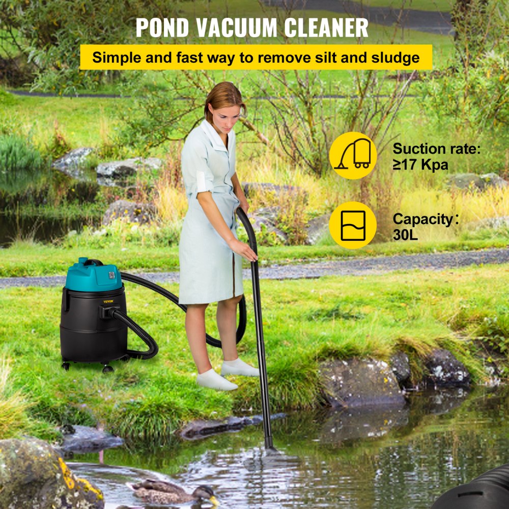 VEVOR Pond Vacuum Cleaner, 1400W Motor in Single Chamber Suction System, 120V Motor with 15 ft Electric Wire, 4 Extended Tubes, 4 Brush Heads, 1 Filter Bag for Multi-use Cleaning Above Ground