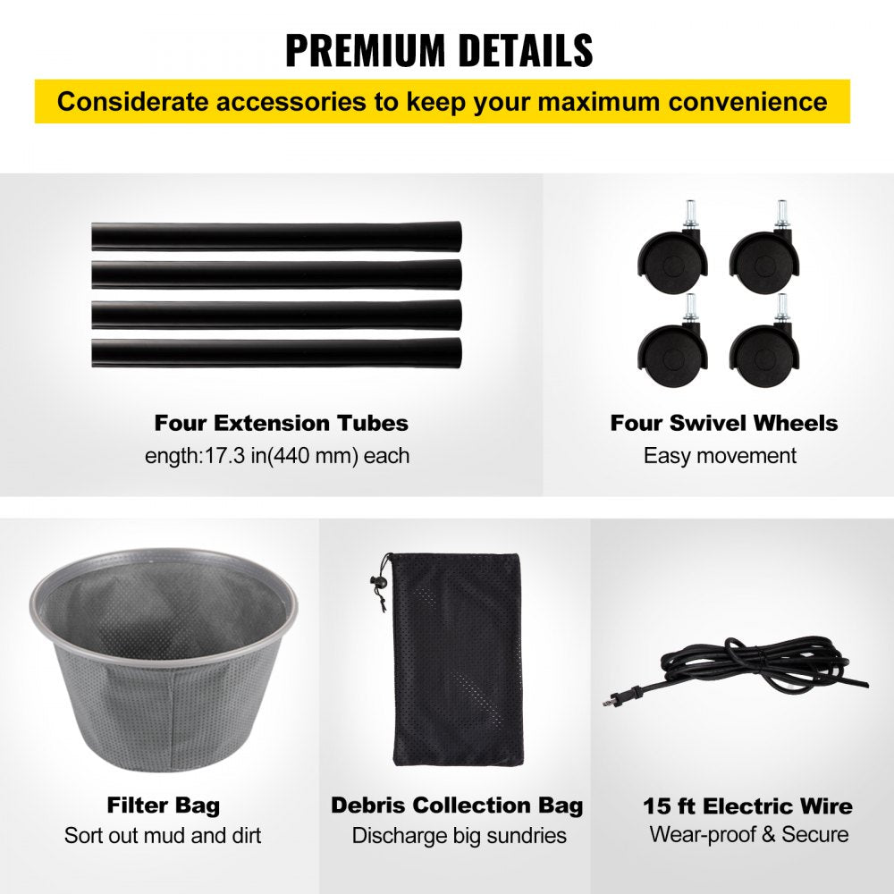 VEVOR Pond Vacuum Cleaner, 1400W Motor in Single Chamber Suction System, 120V Motor with 15 ft Electric Wire, 4 Extended Tubes, 4 Brush Heads, 1 Filter Bag for Multi-use Cleaning Above Ground