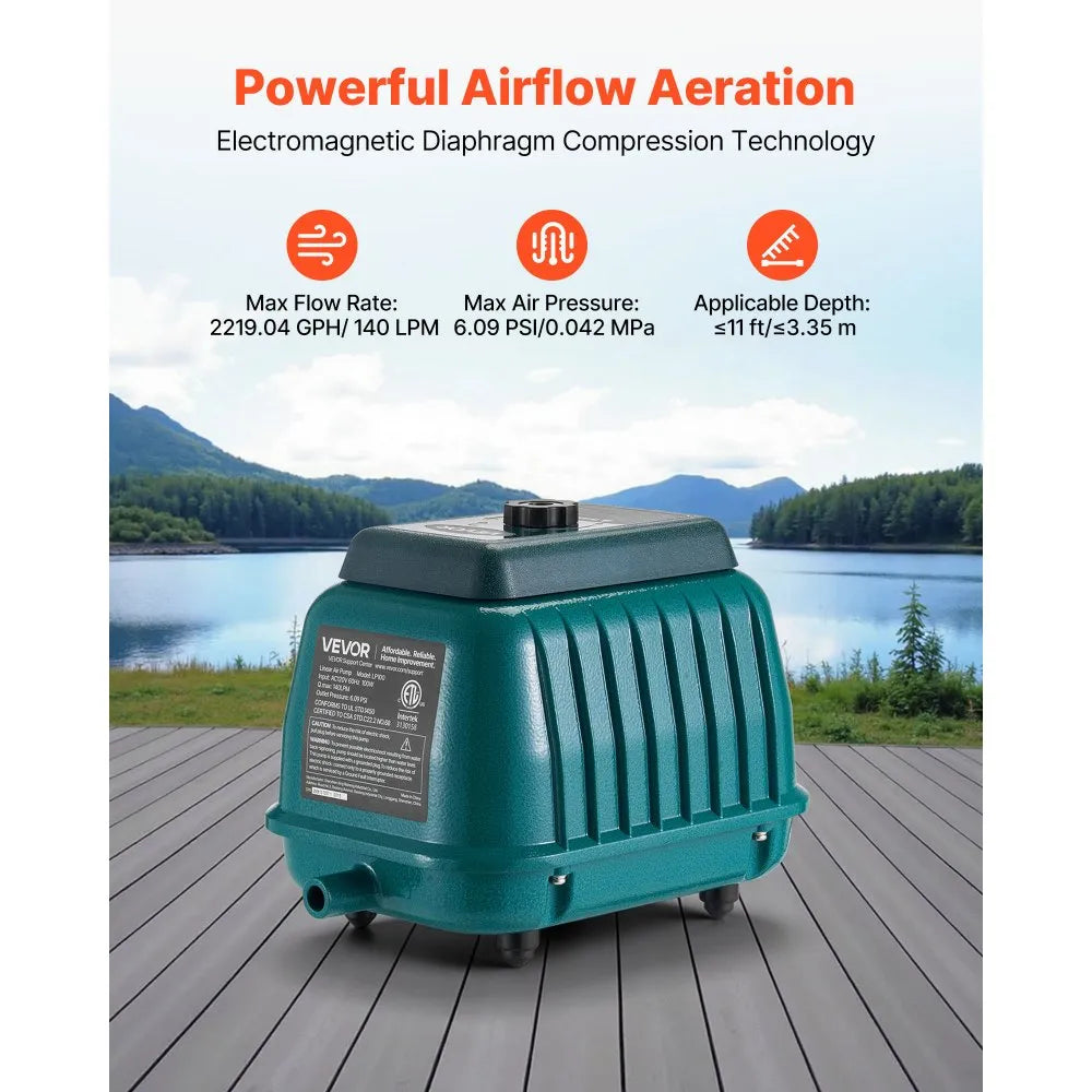 VEVOR Linear Air Pump, 2219.04 GPH Air Flow, Septic Aerator Pump, Aeration System for 11 ft Deep Ponds, Fit for Septic Tanks, Aquariums, Waste Treatment, Seafood Restaurants, Fish Farms, Hydroponics