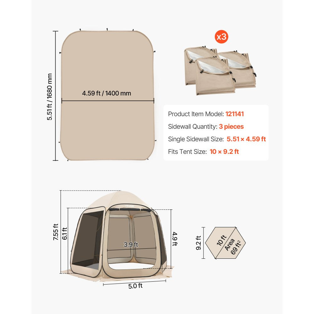 VEVOR Sun Shade Sail Canopy Covers, Fit for 10 x 9.2 ft Screen House Tent, Sun Protection, 5.51 x 4.23 ft 300D Oxford Silver-Coated Fabric, Pack of 3 (Not Include Tent), for Outdoor Activities, Beige