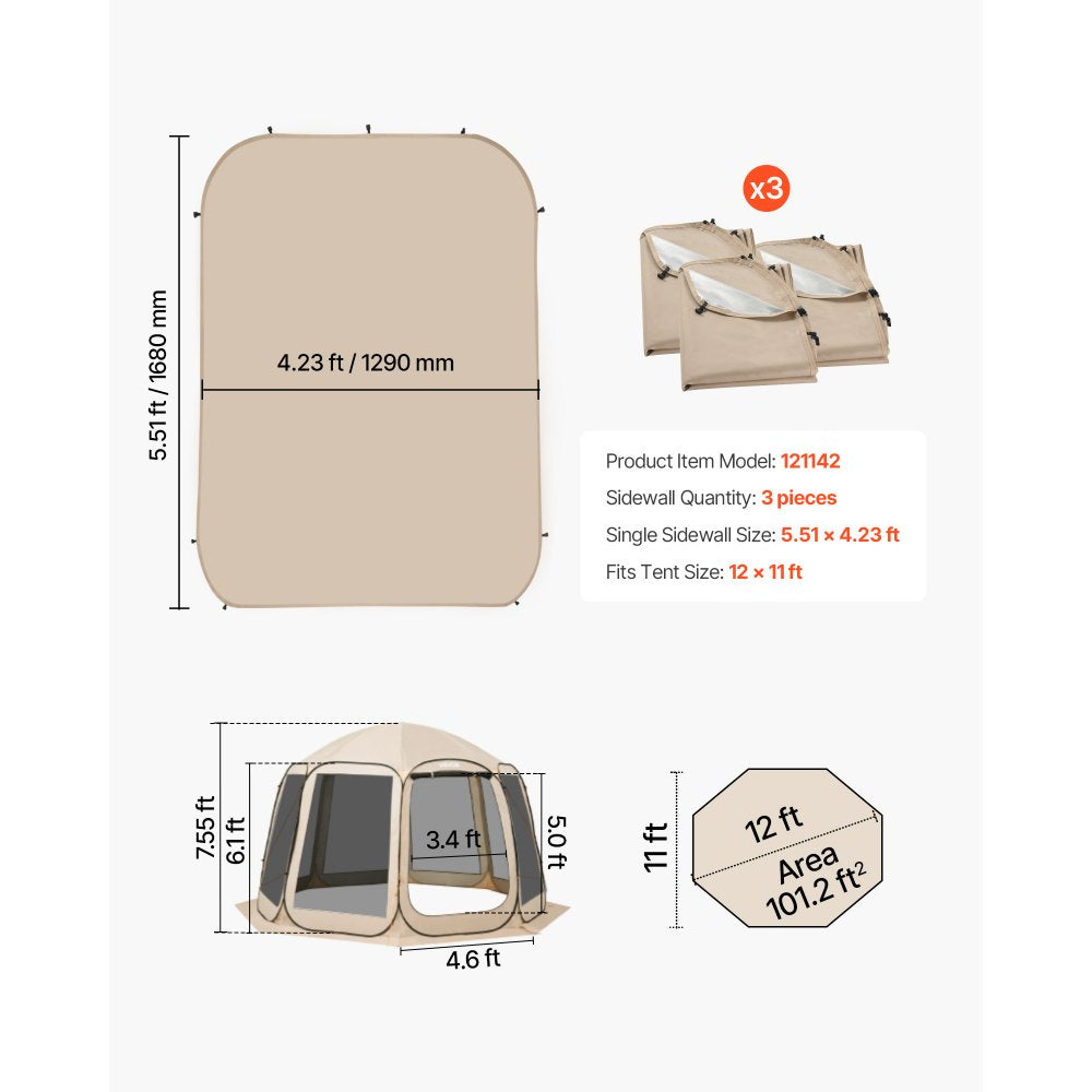 VEVOR Sun Shade Sail Canopy Covers, Fit for 12 x 11 ft Screen House Tent, Sun Protection, 5.51 x 4.59 ft 300D Oxford Silver-Coated Fabric, Pack of 3 (Not Include Tent), for Outdoor Activities, Beige