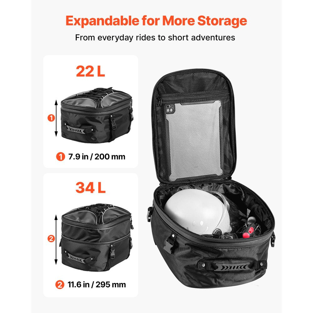 VEVOR Motorcycle Tail Bag, 22-34 L Expandable Motorcycle Rear Seat Bag with Waterproof Rain Cover, Outdoor Sports Motorbike Luggage Storage Backpack Handbag with Straps, Pocket & Elastic Cord, Black