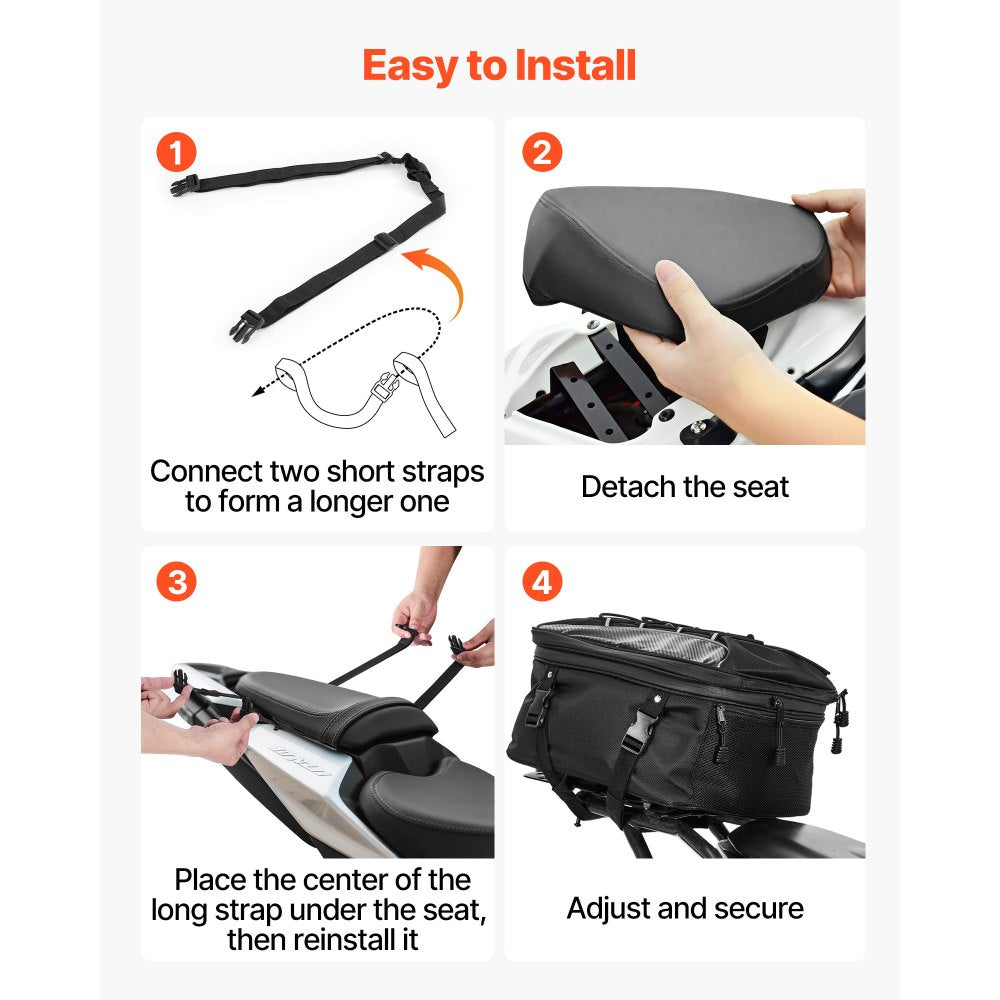 VEVOR Motorcycle Tail Bag, 22-34 L Expandable Motorcycle Rear Seat Bag with Waterproof Rain Cover, Outdoor Sports Motorbike Luggage Storage Backpack Handbag with Straps, Pocket & Elastic Cord, Black