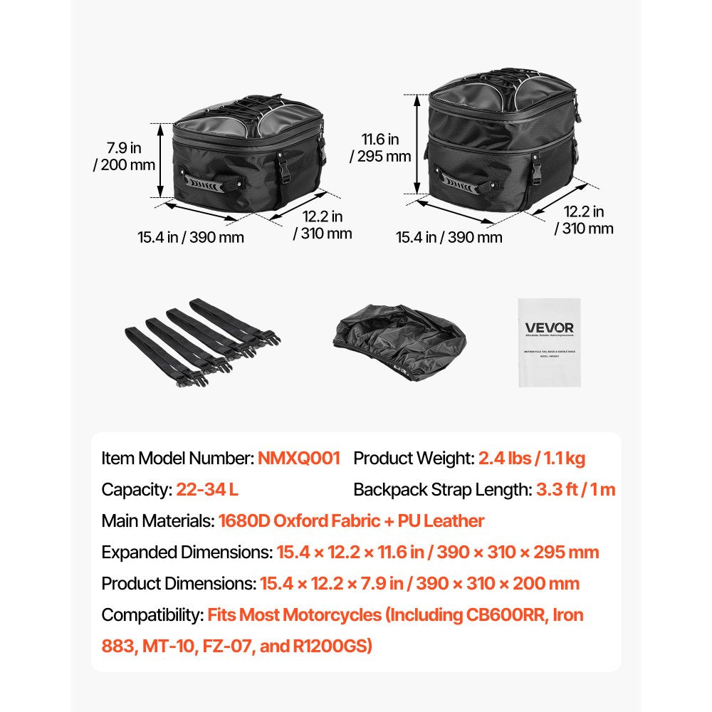 VEVOR Motorcycle Tail Bag, 22-34 L Expandable Motorcycle Rear Seat Bag with Waterproof Rain Cover, Outdoor Sports Motorbike Luggage Storage Backpack Handbag with Straps, Pocket & Elastic Cord, Black