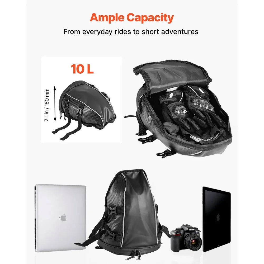 VEVOR Motorcycle Tail Bag, 10 L Motorcycle Rear Seat Bag with Waterproof Rain Cover, Outdoor Sports Motorbike Luggage Storage Trunk Rack Backpack Handbag with Shoulder Strap and Inner Pocket, Black