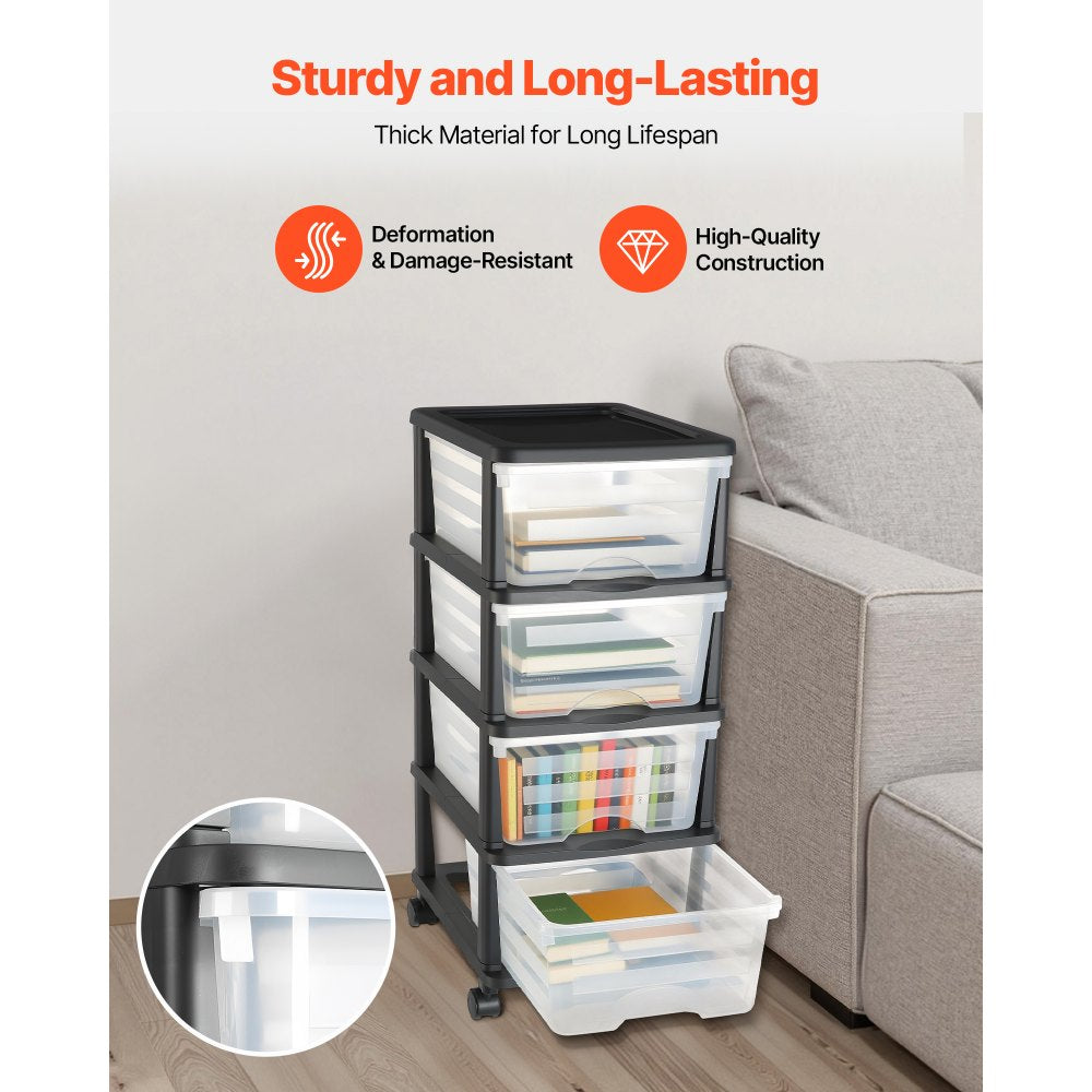 VEVOR Plastic Storage Drawers Cart, 4 Drawers Storage Organizer with Wheels, Rolling Closet Organization and Storage Dividers, Dresser Organizer Clear Bins for Office Supplies, Craft Rooms, Classrooms