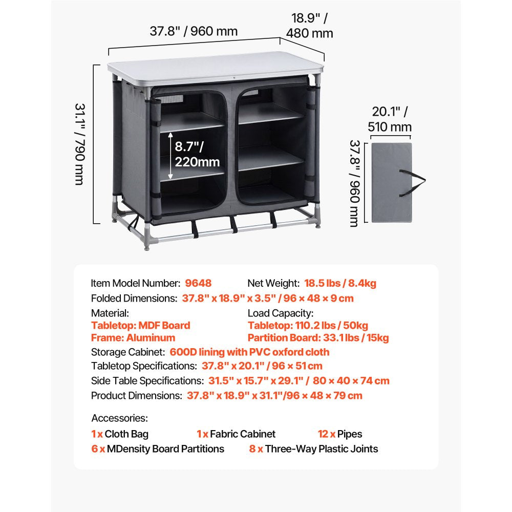 VEVOR Camping Storage Cabinet, Outdoor Portable Aluminum Lightweight Table, Quick Set-up Compact Kitchen Cook Station, with 6 Shelves and Carry Bag, for Picnic, BBQ, Party, Camping, RV Traveling